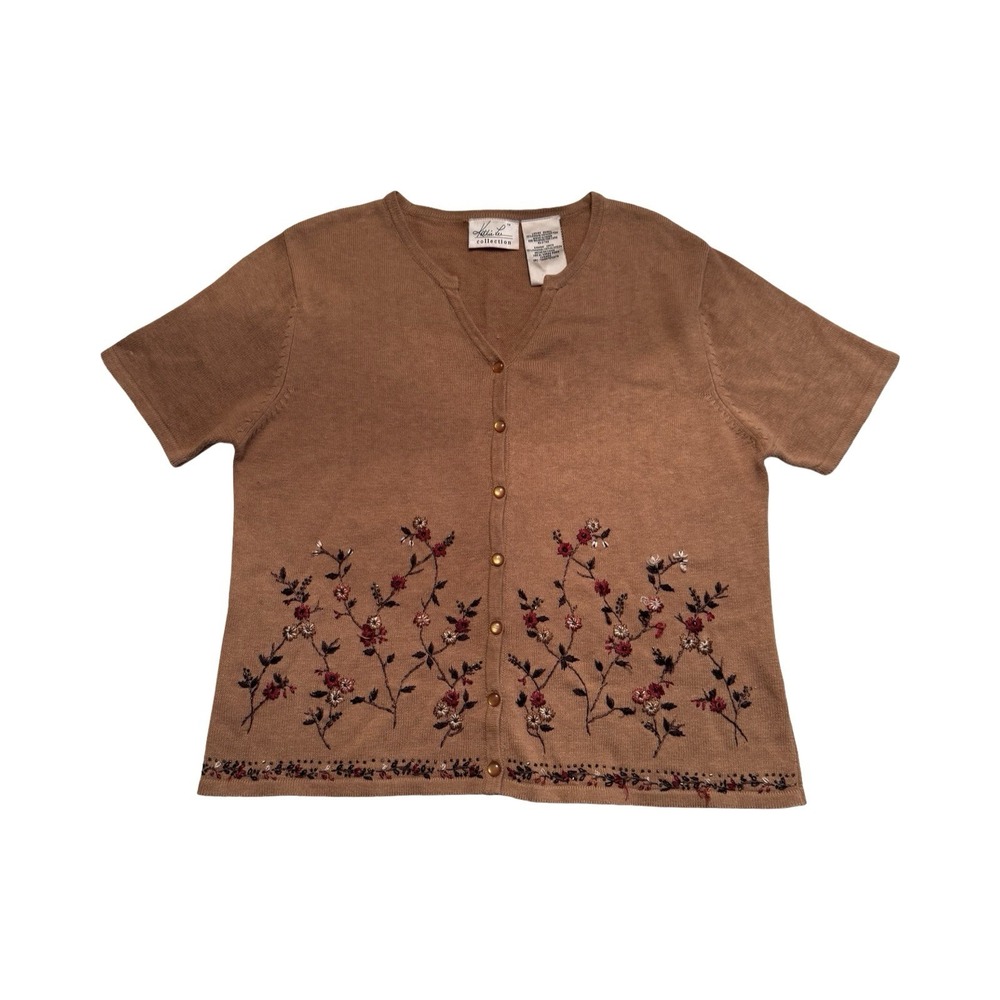 Kathie Lee Collection Tan Floral Embroidered Short Sleeve Cardigan Sweater Small